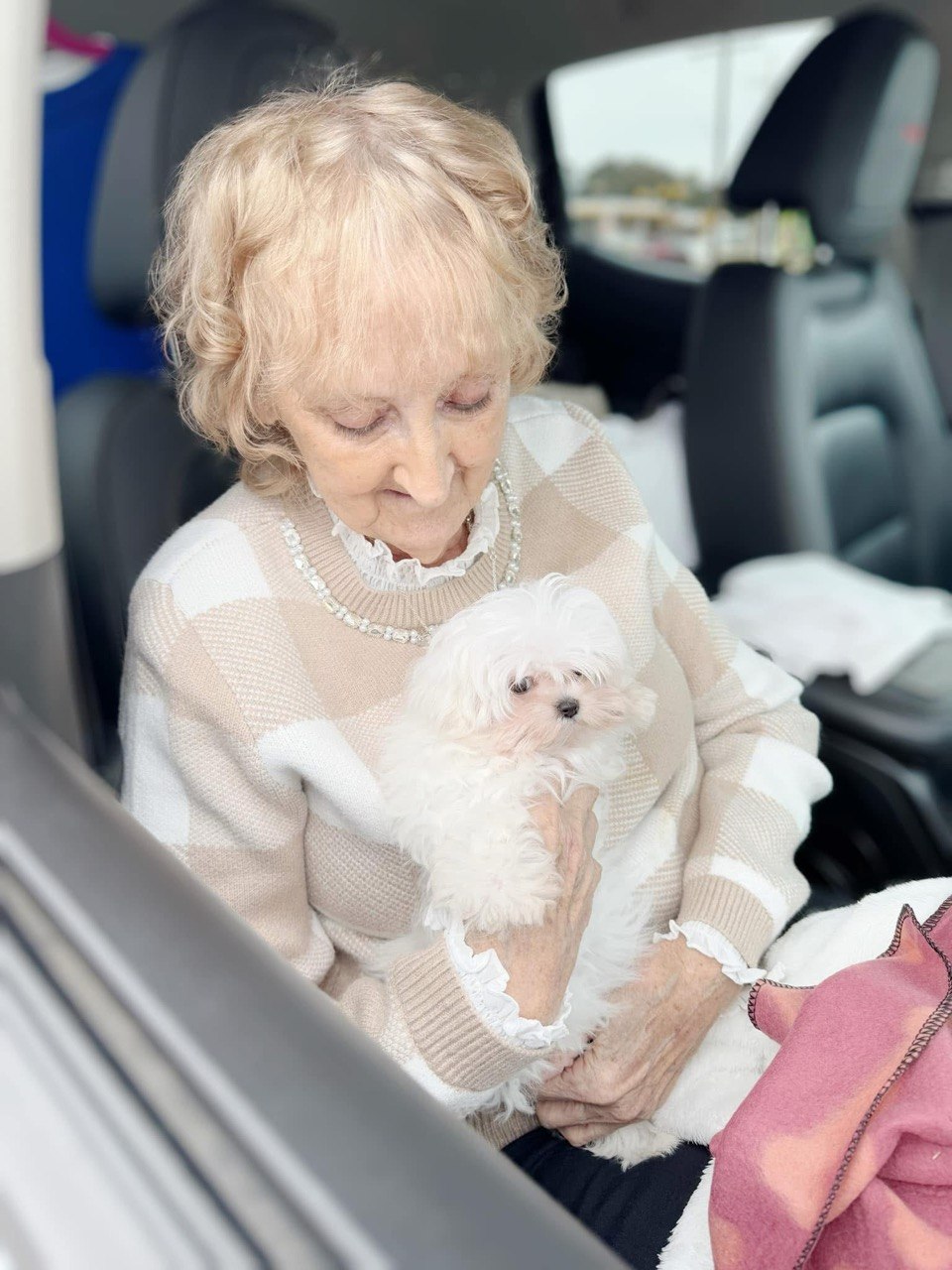 Seated woman in a cream sweater cradling a small white Maltese puppy in the back of a car on pick-up day