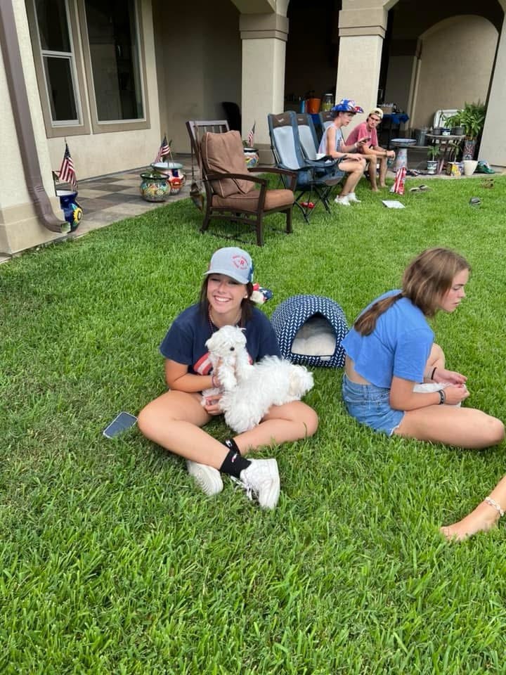 White Maltese puppy held on a lawn outside a home while family members sit nearby